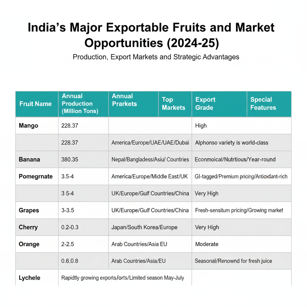 Major Exportable Fruits of India and their Markets (2024-25)